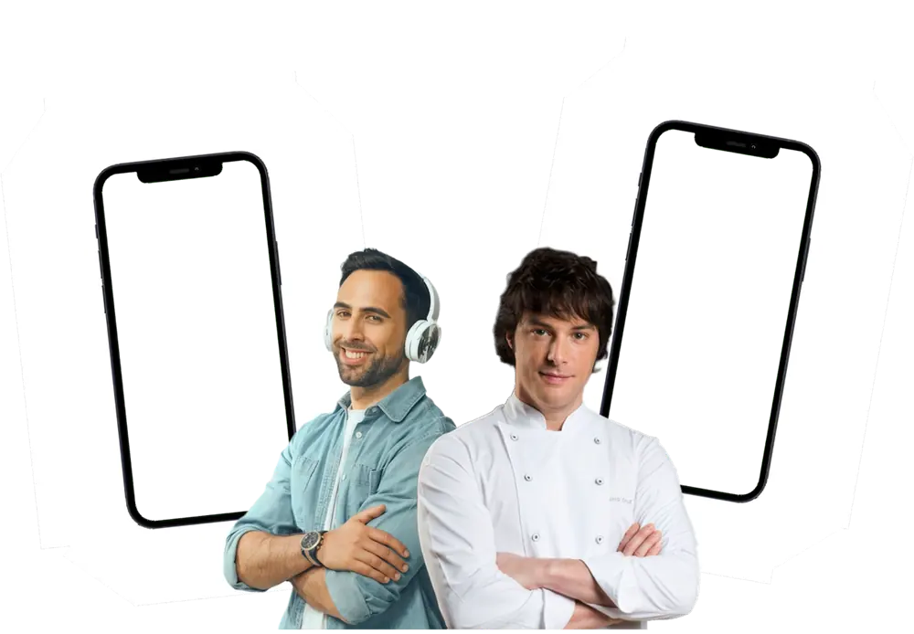 Álex Fidalgo y Jordi Cruz entre dos móviles con vídeos editados por Toni